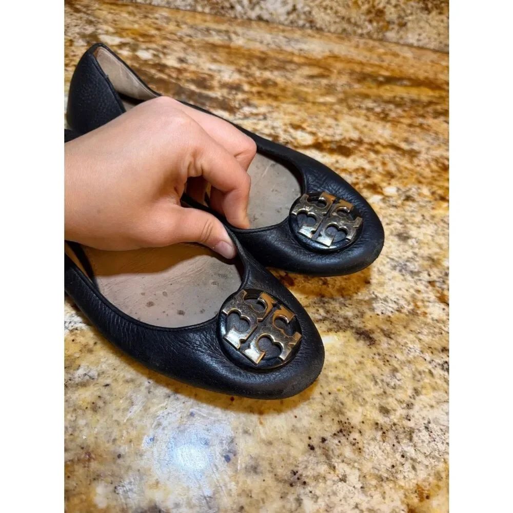 Tory Burch Black Leather Logo Ballet Flats